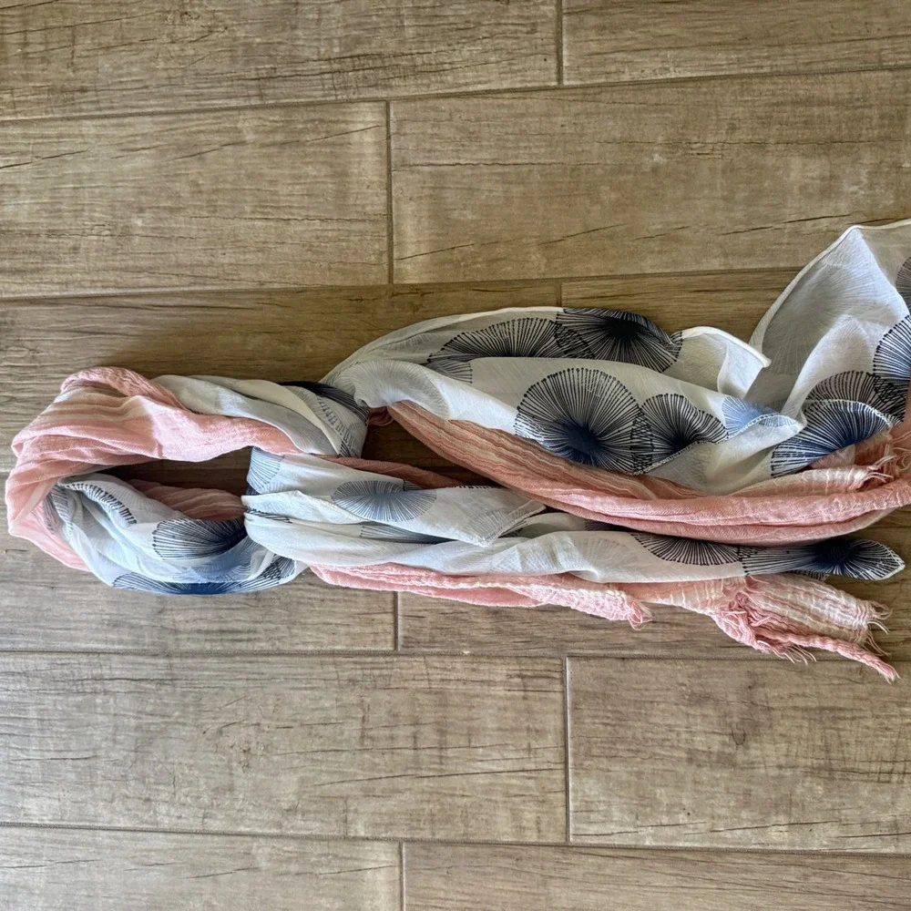 Pink Striped and Navy Blue Circle Print Lightweight Fringe Wrap Scarf‎